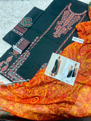 Heavy Embroidered Lawn 3-Piece Unstitched Suit – Design 04 | Embroidered Shirt, Sleeves & Chiffon Dupatta