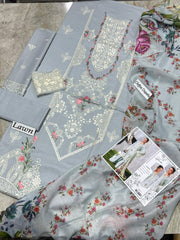 Heavy Embroidered Lawn 3-Piece Unstitched Suit – Design 05 | Embroidered Shirt, Sleeves & Chiffon Dupatta