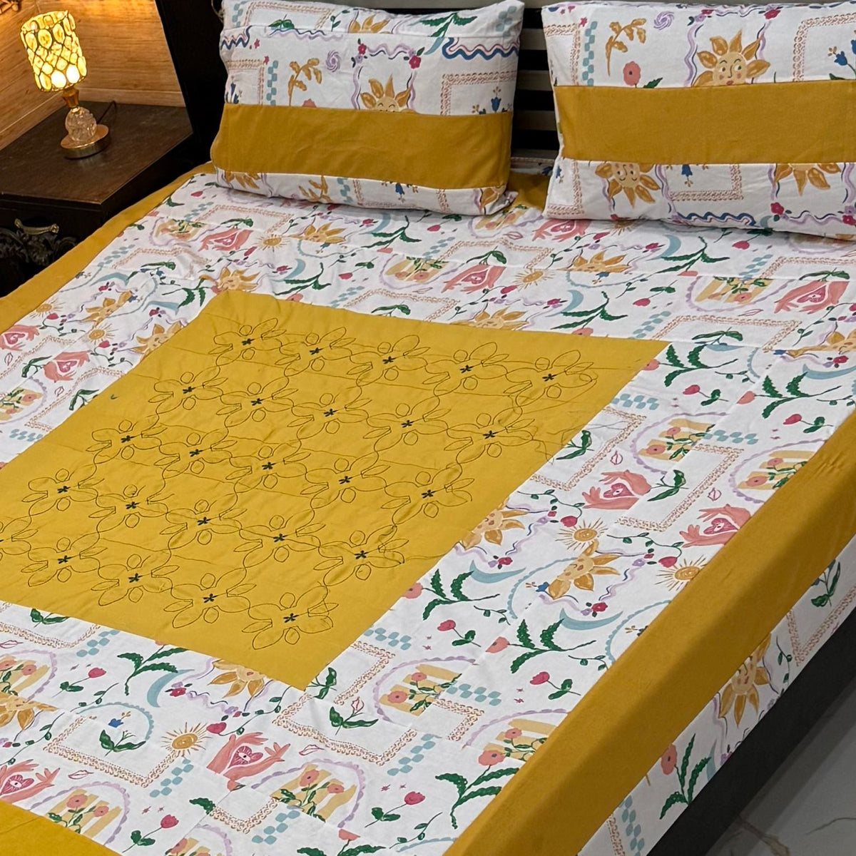 Patchwork Embroidered Bedsheet – Design 01 | Premium Quality | Embroidered & Panel Fabric