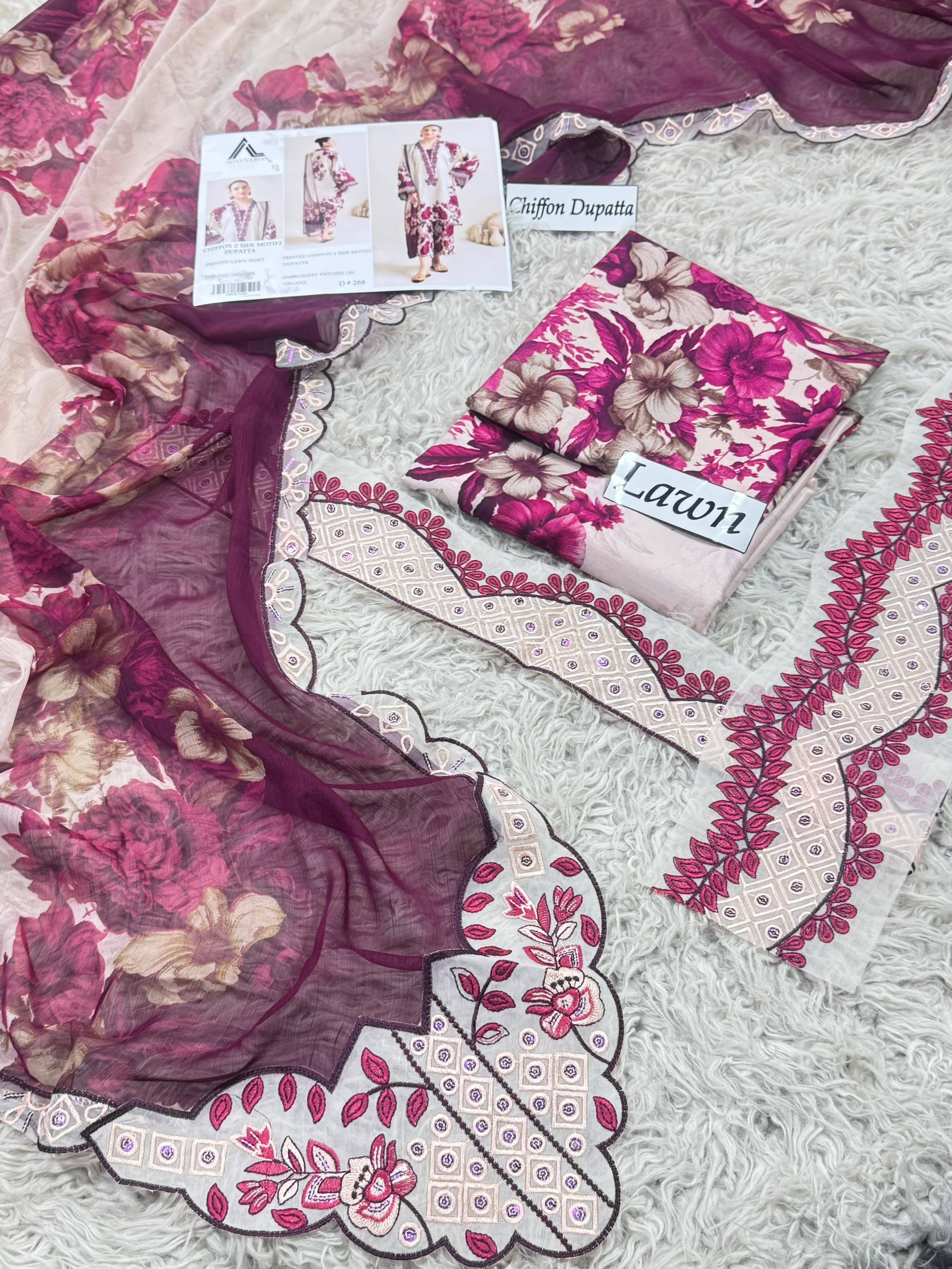 Eid ul Azha 2026 Printed Lawn 3-Piece Unstitched Suit – Design 03 | Chiffon Embroidered Dupatta