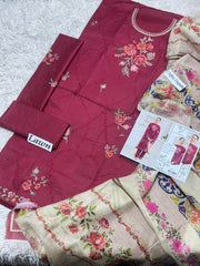 Heavy Embroidered Lawn 3-Piece Unstitched Suit – Design 01 | Embroidered Shirt, Sleeves & Chiffon Dupatta
