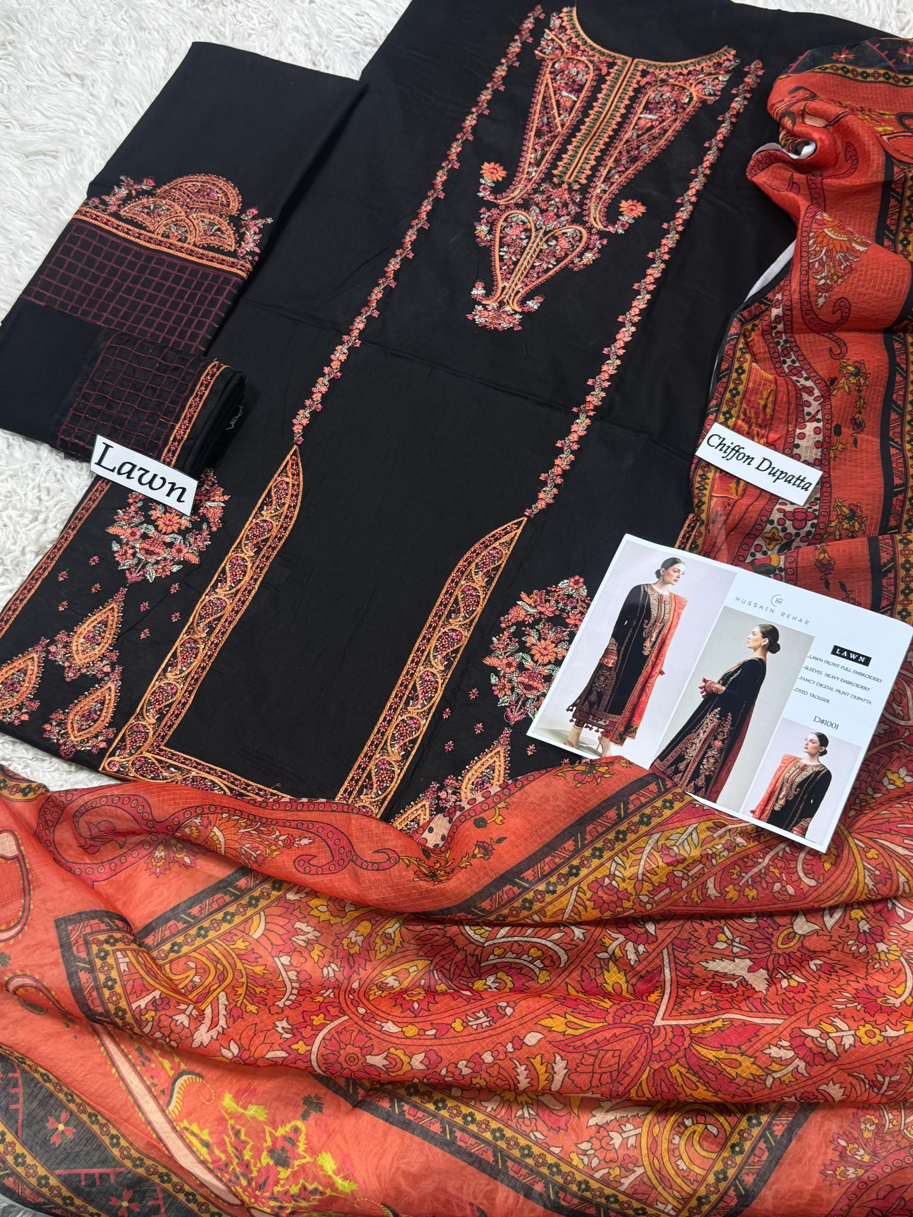 Heavy Embroidered Lawn 3-Piece Unstitched Suit – Design 03 | Embroidered Shirt, Sleeves & Chiffon Dupatta