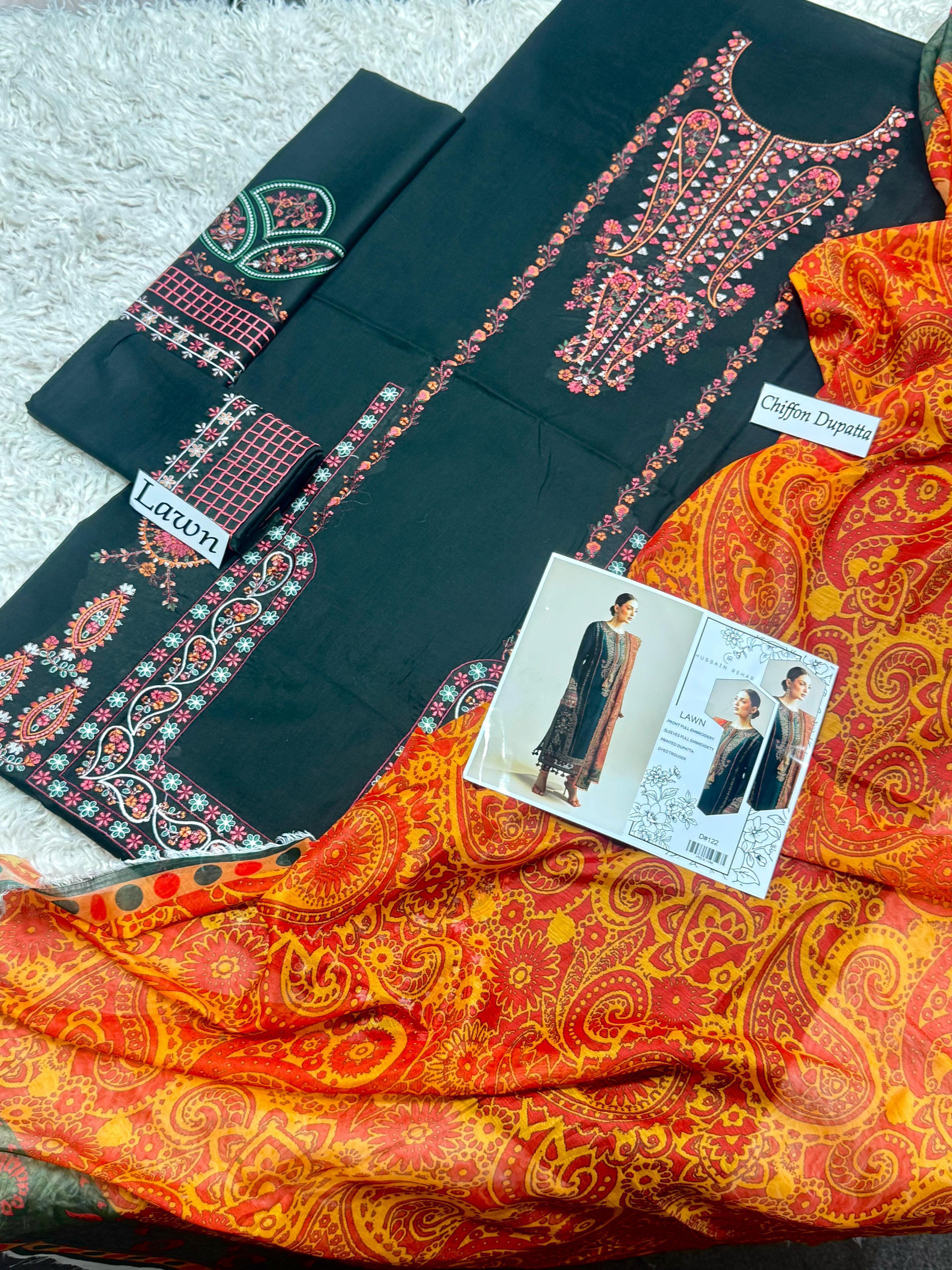 Heavy Embroidered Lawn 3-Piece Unstitched Suit – Design 04 | Embroidered Shirt, Sleeves & Chiffon Dupatta