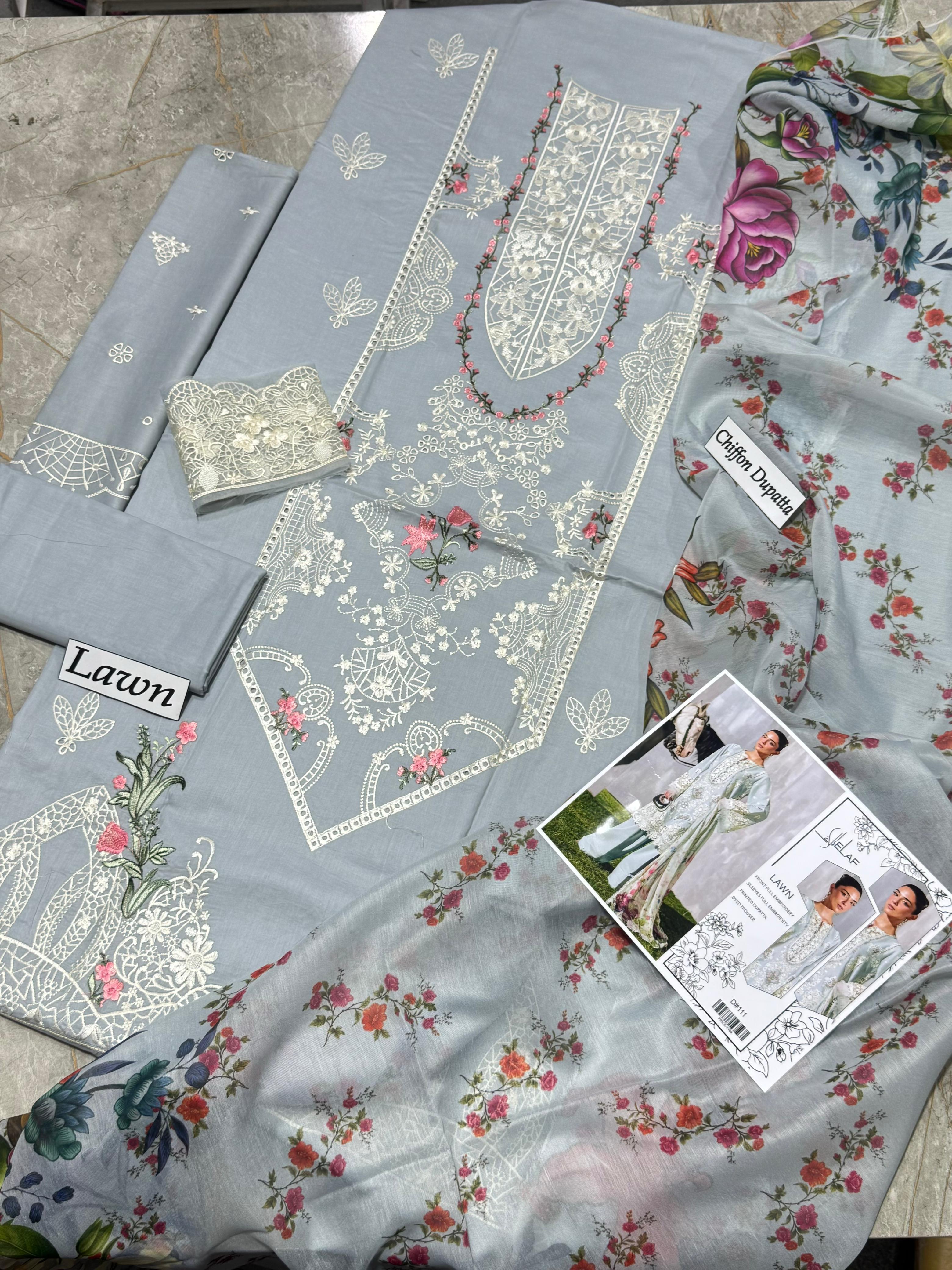 Heavy Embroidered Lawn 3-Piece Unstitched Suit – Design 05 | Embroidered Shirt, Sleeves & Chiffon Dupatta