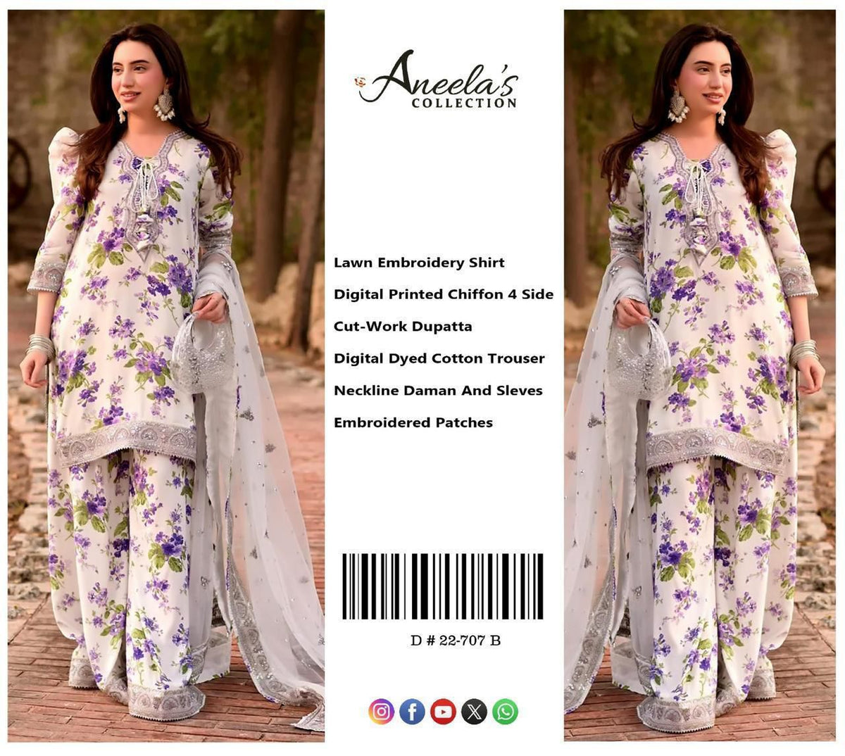 Aneela Collection D-22 Luxury Floral Printed Lawn – 3 Piece Unstitched Suit with Ready-to-Wear 4-Side Cutwork Chiffon Dupatta