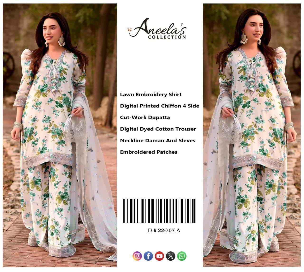 Aneela Collection D-22 Luxury Floral Printed Lawn – 3 Piece Unstitched Suit with Ready-to-Wear 4-Side Cutwork Chiffon Dupatta