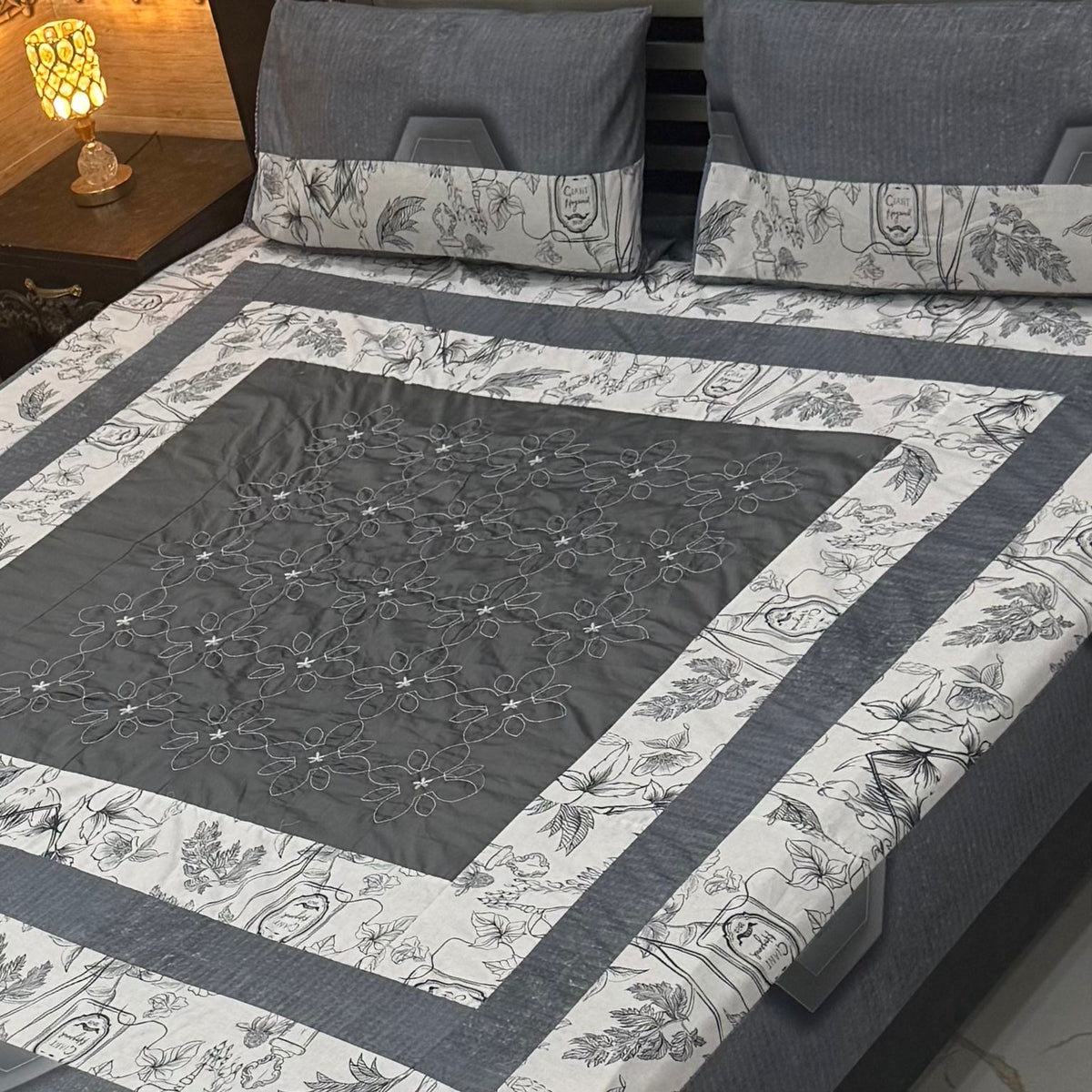 Patchwork Embroidered Bedsheet – Design 03 | Premium Quality | Embroidered & Panel Fabric